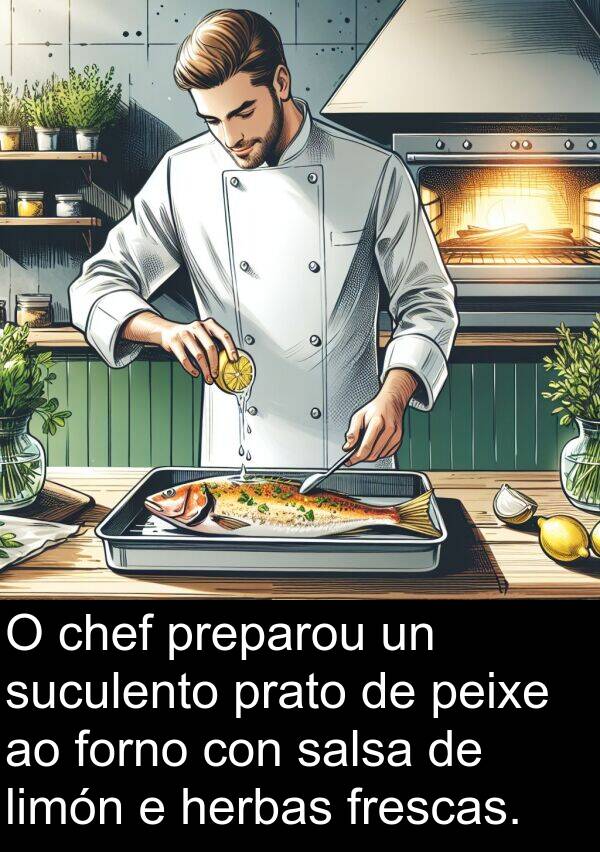 frescas: O chef preparou un suculento prato de peixe ao forno con salsa de limón e herbas frescas.