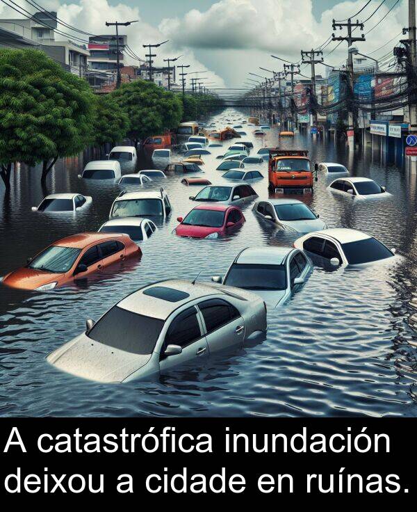 ruínas: A catastrófica inundación deixou a cidade en ruínas.
