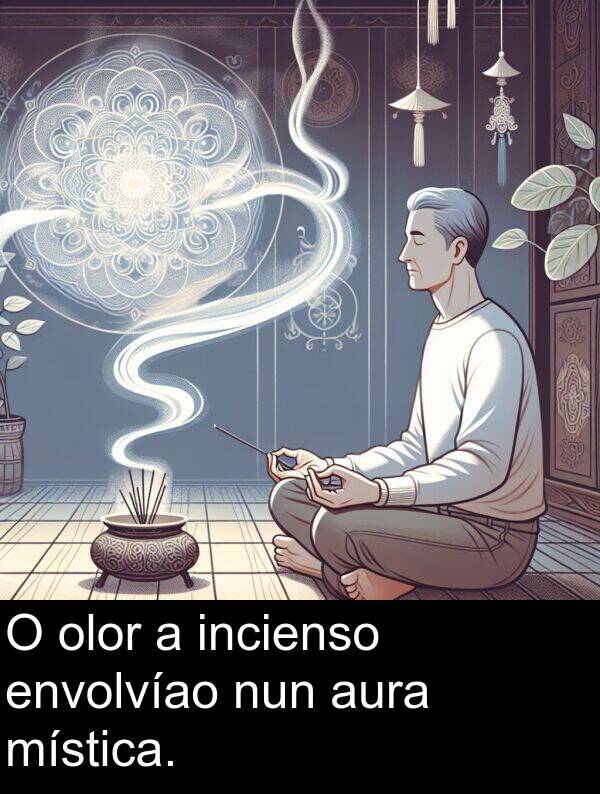 envolvíao: O olor a incienso envolvíao nun aura mística.