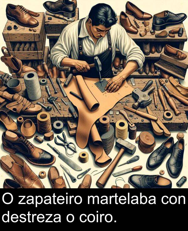 destreza: O zapateiro martelaba con destreza o coiro.