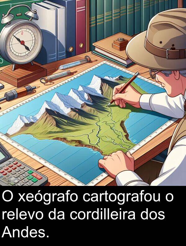 relevo: O xeógrafo cartografou o relevo da cordilleira dos Andes.