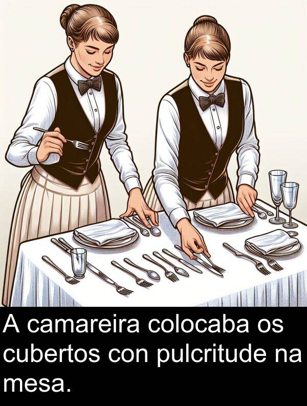cubertos: A camareira colocaba os cubertos con pulcritude na mesa.