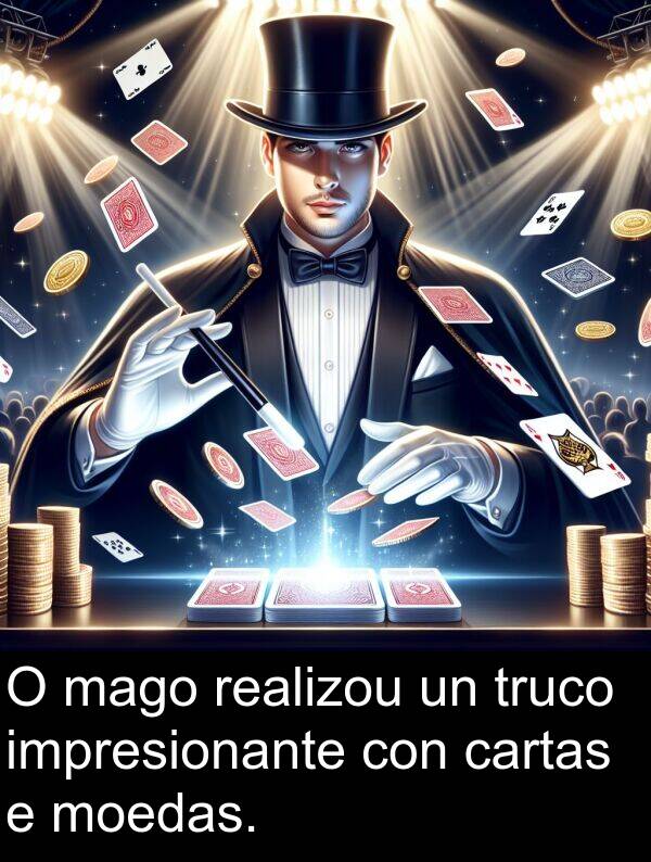 realizou: O mago realizou un truco impresionante con cartas e moedas.