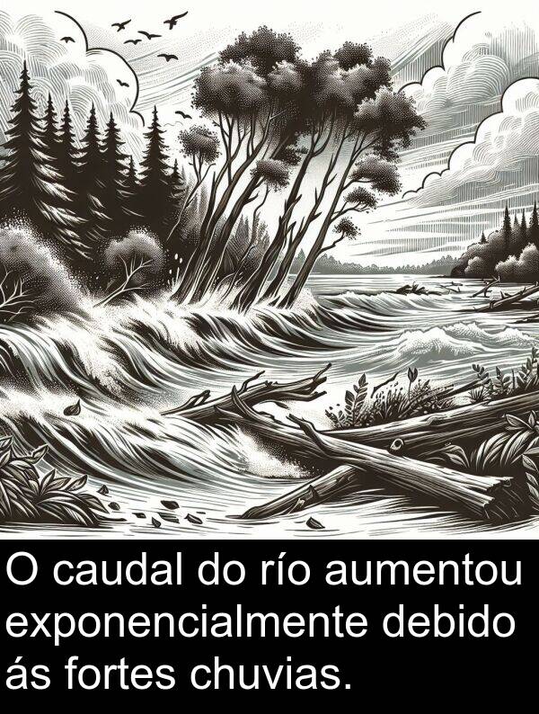 río: O caudal do río aumentou exponencialmente debido ás fortes chuvias.