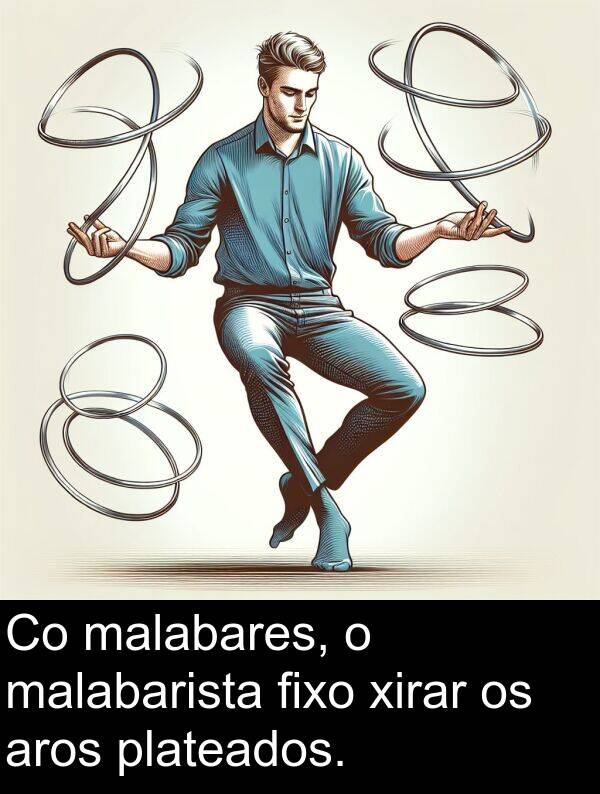xirar: Co malabares, o malabarista fixo xirar os aros plateados.