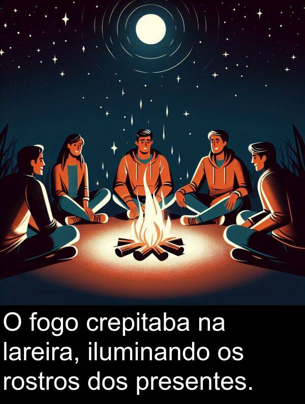 rostros: O fogo crepitaba na lareira, iluminando os rostros dos presentes.