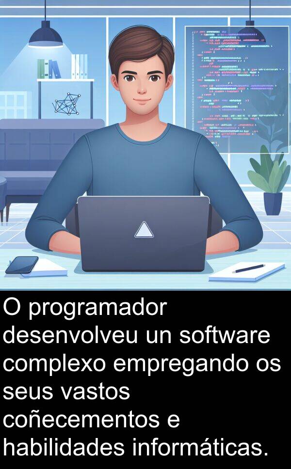 empregando: O programador desenvolveu un software complexo empregando os seus vastos coñecementos e habilidades informáticas.