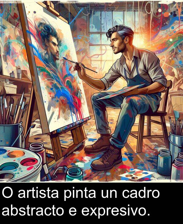 artista: O artista pinta un cadro abstracto e expresivo.