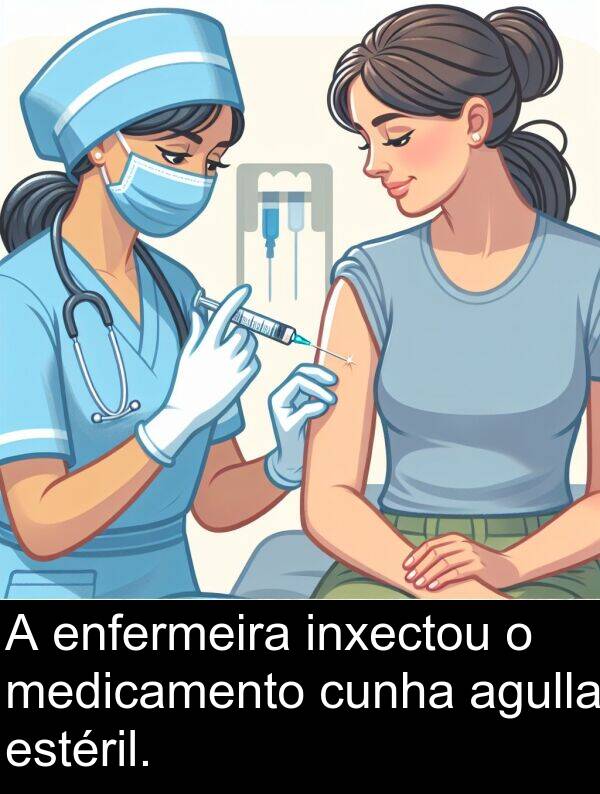 enfermeira: A enfermeira inxectou o medicamento cunha agulla estéril.