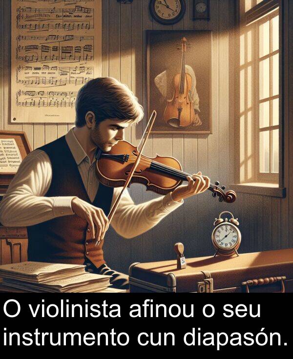 violinista: O violinista afinou o seu instrumento cun diapasón.