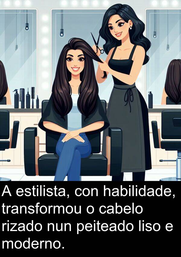 rizado: A estilista, con habilidade, transformou o cabelo rizado nun peiteado liso e moderno.