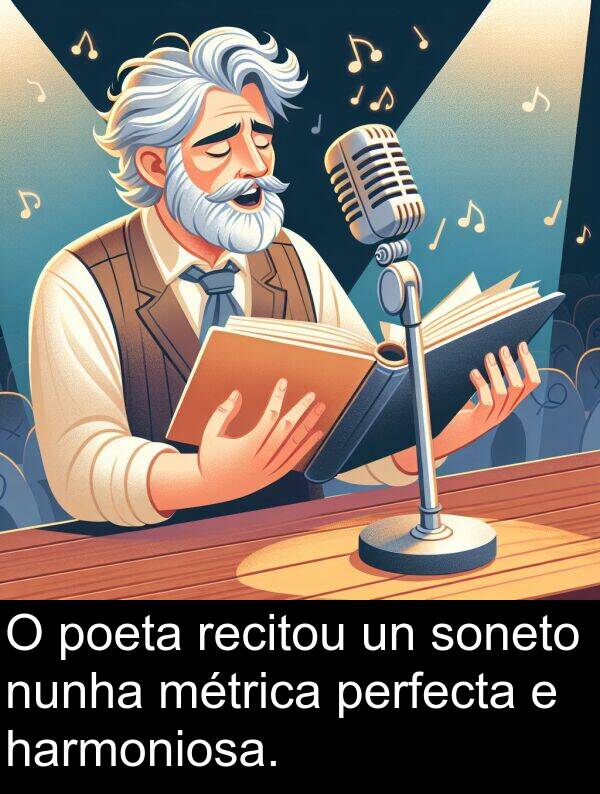 recitou: O poeta recitou un soneto nunha métrica perfecta e harmoniosa.