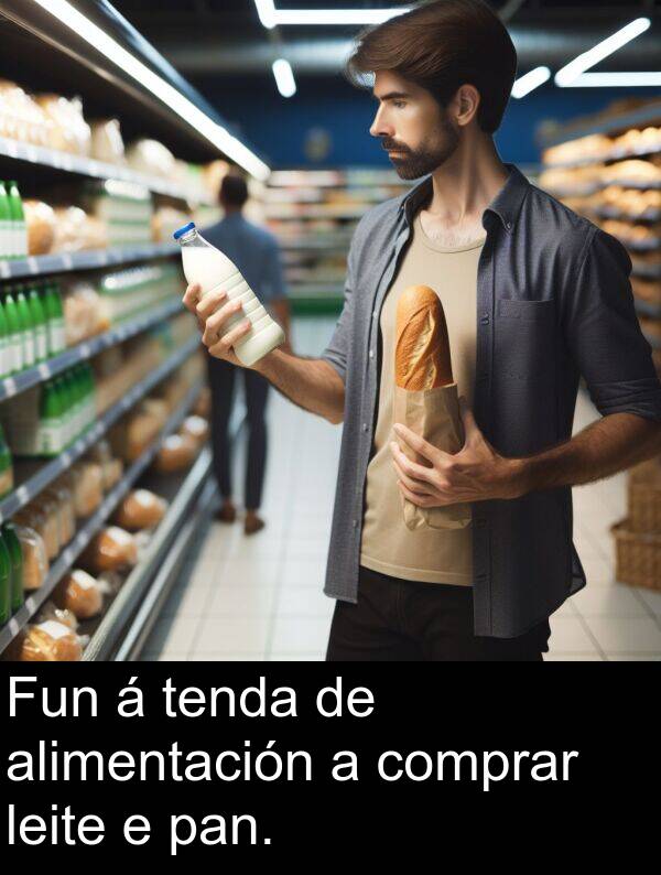 pan: Fun á tenda de alimentación a comprar leite e pan.