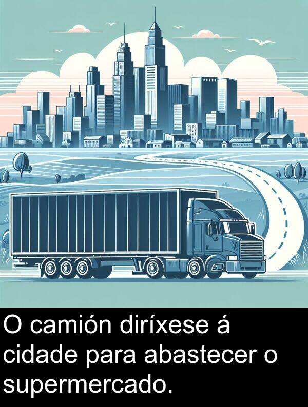supermercado: O camión diríxese á cidade para abastecer o supermercado.