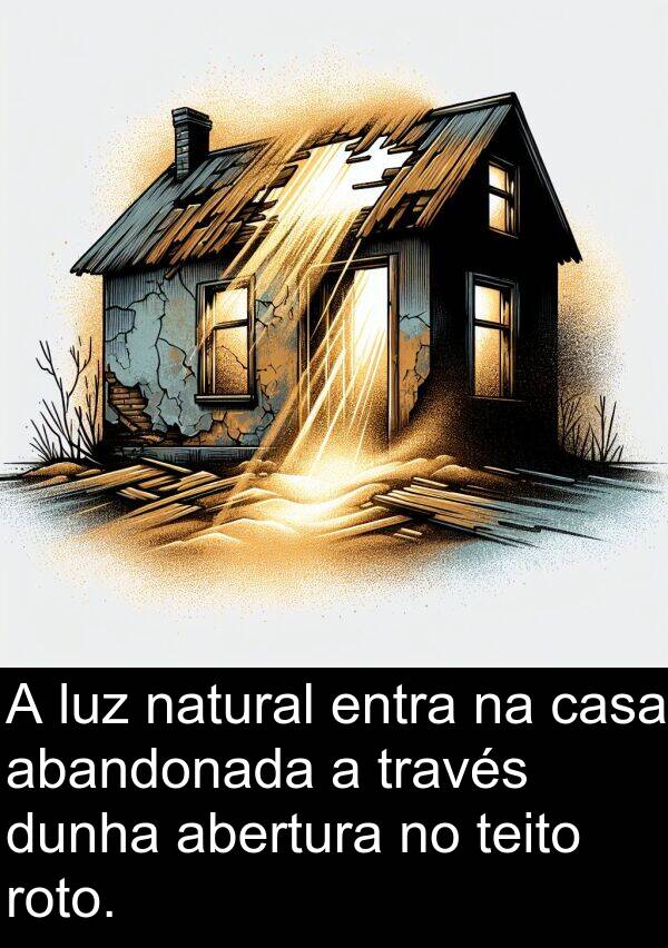 dunha: A luz natural entra na casa abandonada a través dunha abertura no teito roto.