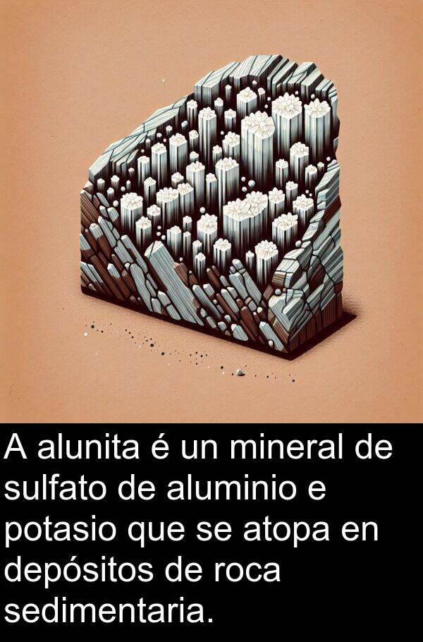 mineral: A alunita é un mineral de sulfato de aluminio e potasio que se atopa en depósitos de roca sedimentaria.
