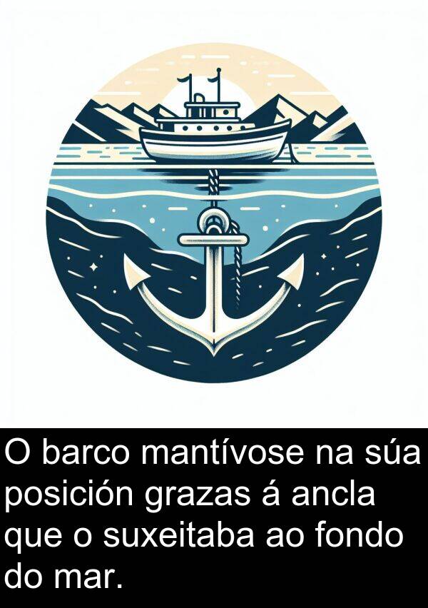 posición: O barco mantívose na súa posición grazas á ancla que o suxeitaba ao fondo do mar.