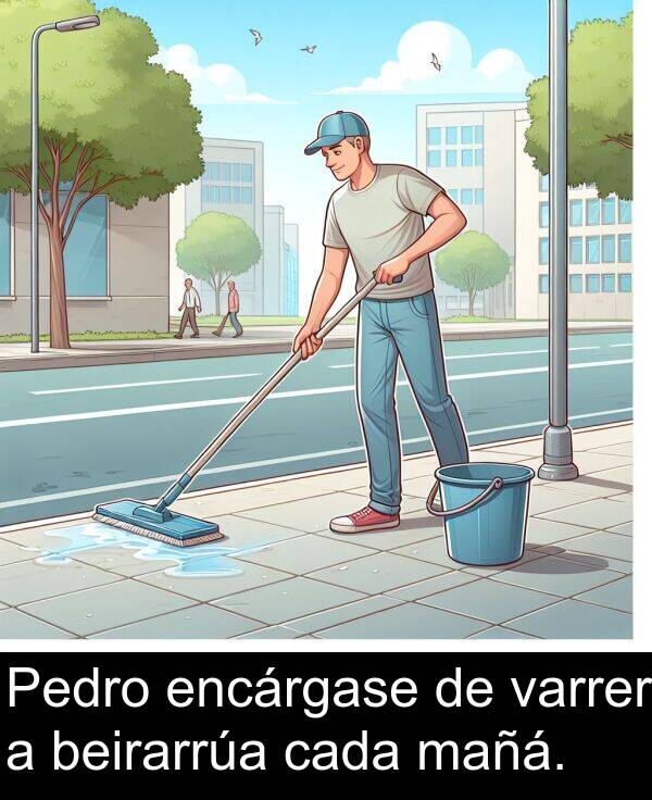 encárgase: Pedro encárgase de varrer a beirarrúa cada mañá.