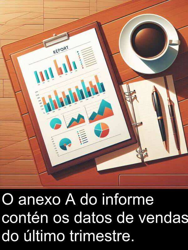 contén: O anexo A do informe contén os datos de vendas do último trimestre.