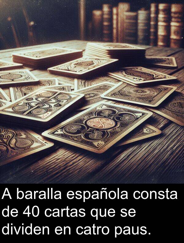 consta: A baralla española consta de 40 cartas que se dividen en catro paus.