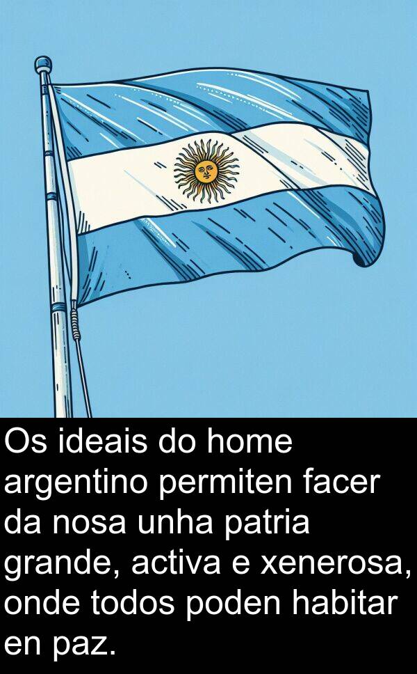 activa: Os ideais do home argentino permiten facer da nosa unha patria grande, activa e xenerosa, onde todos poden habitar en paz.
