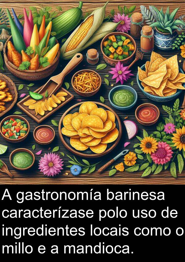 caracterízase: A gastronomía barinesa caracterízase polo uso de ingredientes locais como o millo e a mandioca.