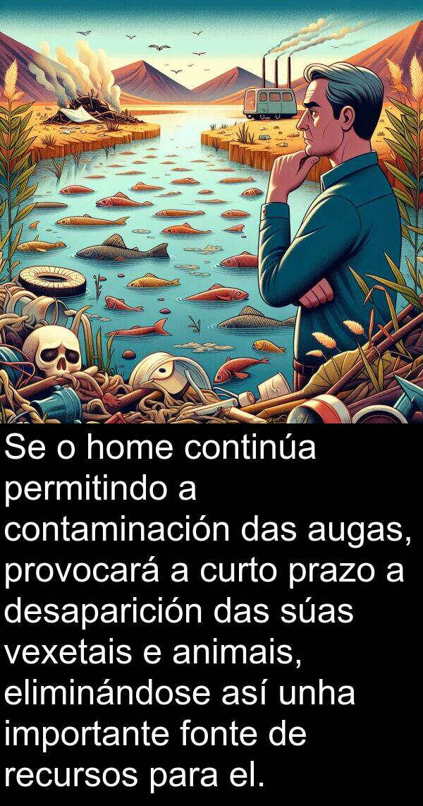 contaminación: Se o home continúa permitindo a contaminación das augas, provocará a curto prazo a desaparición das súas vexetais e animais, eliminándose así unha importante fonte de recursos para el.