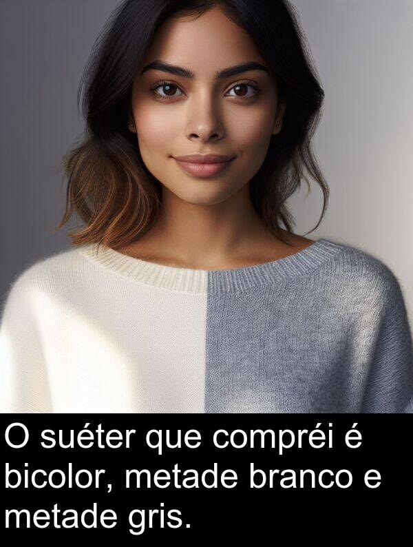 gris: O suéter que compréi é bicolor, metade branco e metade gris.