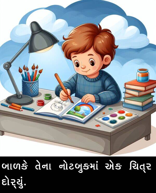 તેના: બાળકે તેના નોટબુકમાં એક ચિત્ર દોર્યું.