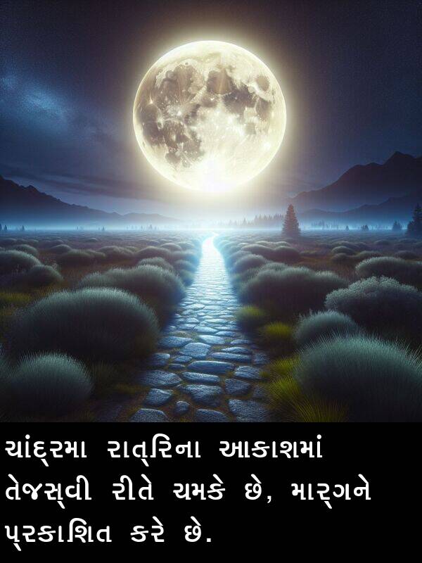 આકાશમાં: ચાંદ્રમા રાત્રિના આકાશમાં તેજસ્વી રીતે ચમકે છે, માર્ગને પ્રકાશિત કરે છે.