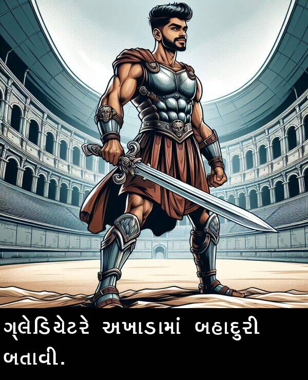 અખાડામાં: ગ્લેડિયેટરે અખાડામાં બહાદુરી બતાવી.