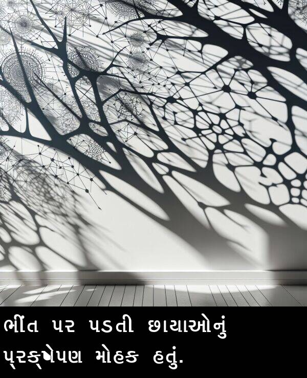 પ્રક્ષેપણ: ભીંત પર પડતી છાયાઓનું પ્રક્ષેપણ મોહક હતું.