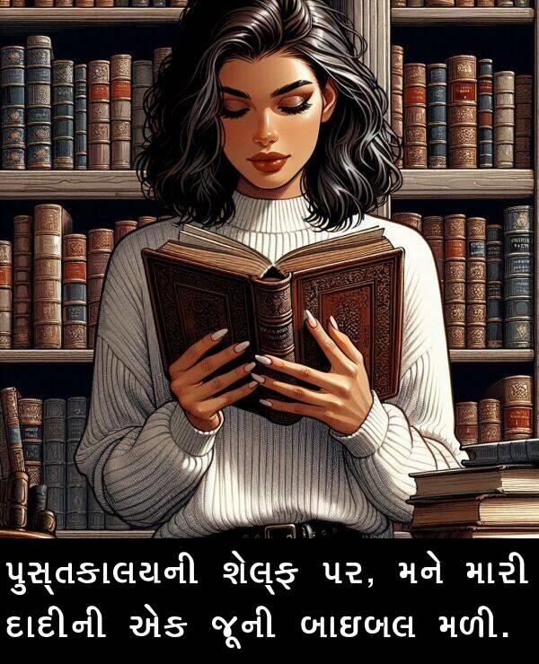 મળી: પુસ્તકાલયની શેલ્ફ પર, મને મારી દાદીની એક જૂની બાઇબલ મળી.