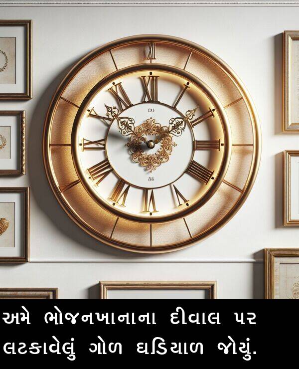 લટકાવેલું: અમે ભોજનખાનાના દીવાલ પર લટકાવેલું ગોળ ઘડિયાળ જોયું.