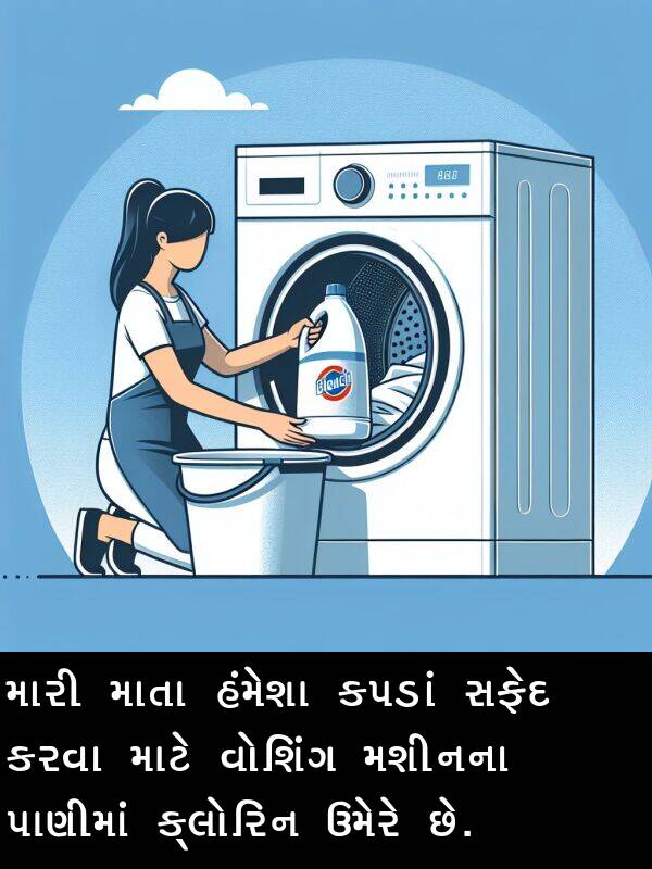 ઉમેરે: મારી માતા હંમેશા કપડાં સફેદ કરવા માટે વોશિંગ મશીનના પાણીમાં ક્લોરિન ઉમેરે છે.