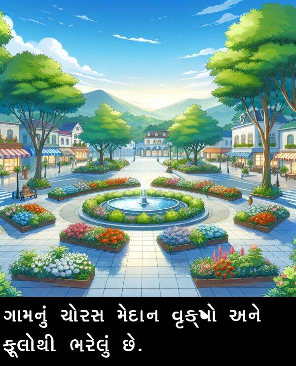 ગામનું: ગામનું ચોરસ મેદાન વૃક્ષો અને ફૂલોથી ભરેલું છે.