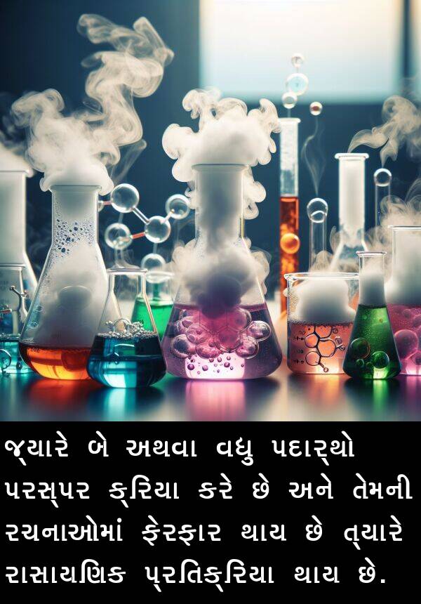 અથવા: જ્યારે બે અથવા વધુ પદાર્થો પરસ્પર ક્રિયા કરે છે અને તેમની રચનાઓમાં ફેરફાર થાય છે ત્યારે રાસાયણિક પ્રતિક્રિયા થાય છે.