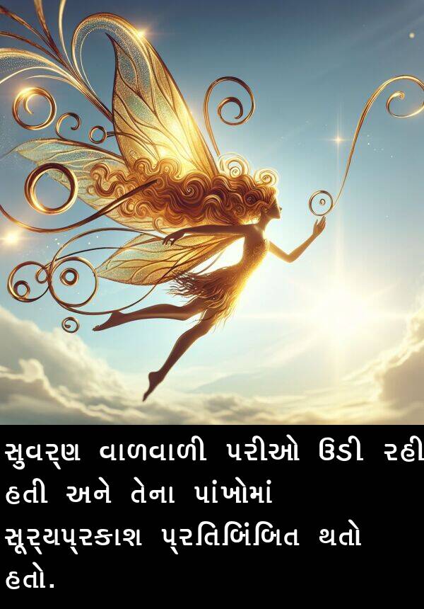 ઉડી: સુવર્ણ વાળવાળી પરીઓ ઉડી રહી હતી અને તેના પાંખોમાં સૂર્યપ્રકાશ પ્રતિબિંબિત થતો હતો.