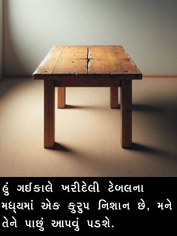 ટેબલના: હું ગઈકાલે ખરીદેલી ટેબલના મધ્યમાં એક કુરુપ નિશાન છે, મને તેને પાછું આપવું પડશે.