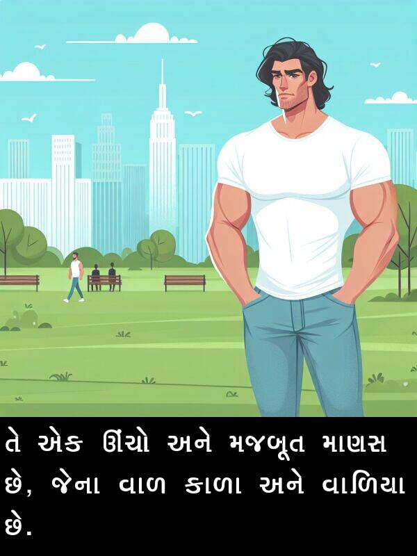 મજબૂત: તે એક ઊંચો અને મજબૂત માણસ છે, જેના વાળ કાળા અને વાળિયા છે.