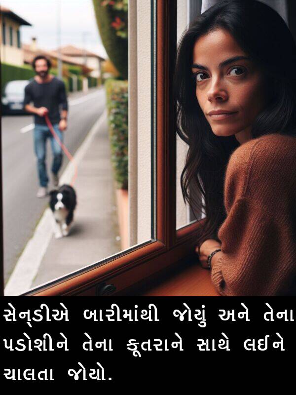 ચાલતા: સેન્ડીએ બારીમાંથી જોયું અને તેના પડોશીને તેના કૂતરાને સાથે લઈને ચાલતા જોયો.