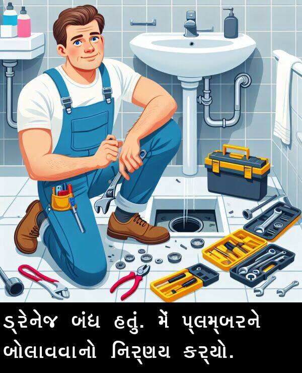 બંધ: ડ્રેનેજ બંધ હતું. મેં પ્લમ્બરને બોલાવવાનો નિર્ણય કર્યો.