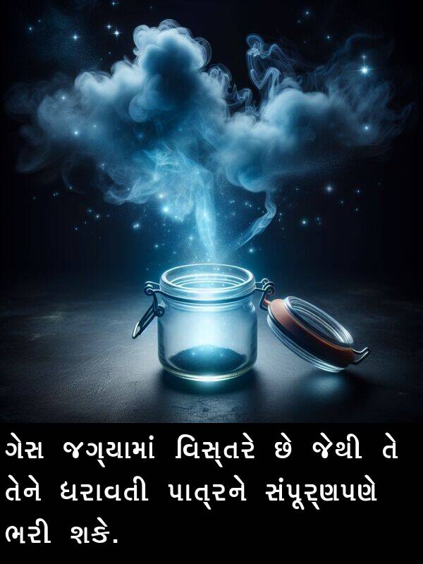 જગ્યામાં: ગેસ જગ્યામાં વિસ્તરે છે જેથી તે તેને ધરાવતી પાત્રને સંપૂર્ણપણે ભરી શકે.