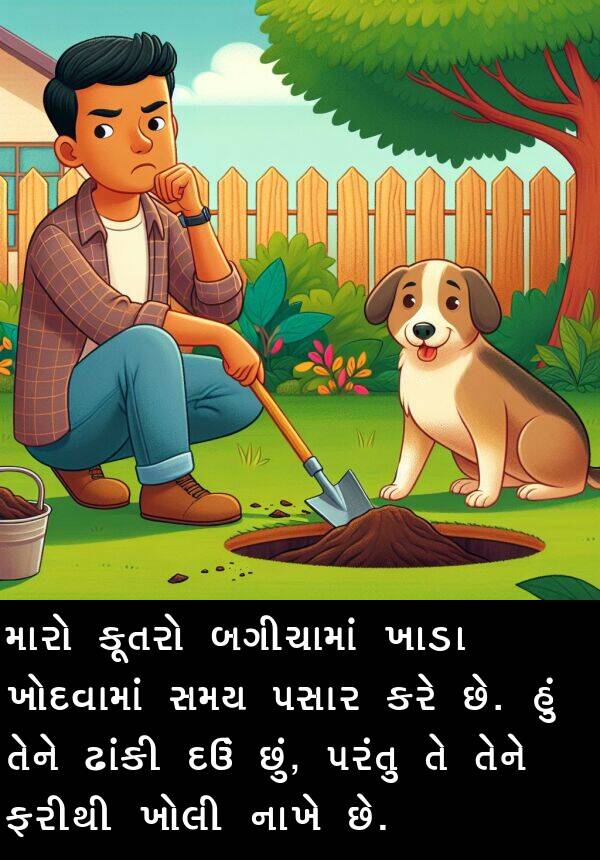 નાખે: મારો કૂતરો બગીચામાં ખાડા ખોદવામાં સમય પસાર કરે છે. હું તેને ઢાંકી દઉં છું, પરંતુ તે તેને ફરીથી ખોલી નાખે છે.