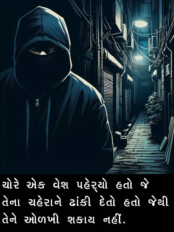 ચહેરાને: ચોરે એક વેશ પહેર્યો હતો જે તેના ચહેરાને ઢાંકી દેતો હતો જેથી તેને ઓળખી શકાય નહીં.