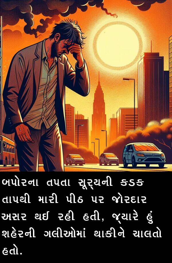 તપતા: બપોરના તપતા સૂર્યની કડક તાપથી મારી પીઠ પર જોરદાર અસર થઈ રહી હતી, જ્યારે હું શહેરની ગલીઓમાં થાકીને ચાલતો હતો.