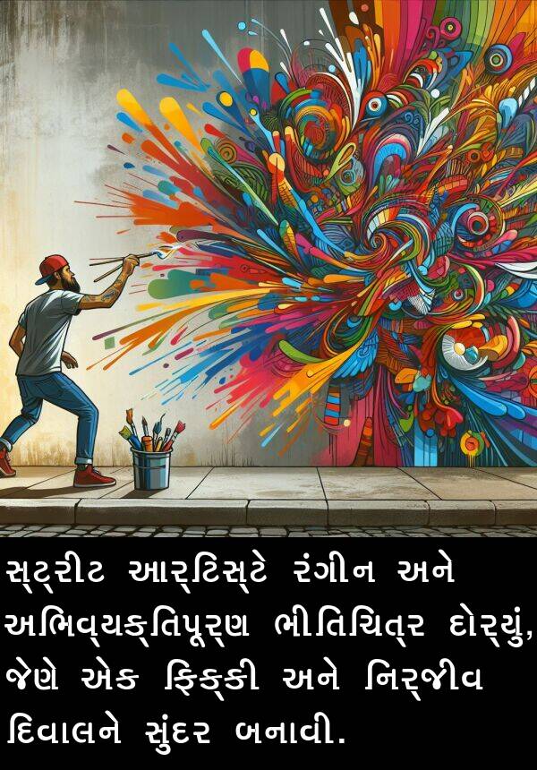 દિવાલને: સ્ટ્રીટ આર્ટિસ્ટે રંગીન અને અભિવ્યક્તિપૂર્ણ ભીતિચિત્ર દોર્યું, જેણે એક ફિક્કી અને નિર્જીવ દિવાલને સુંદર બનાવી.