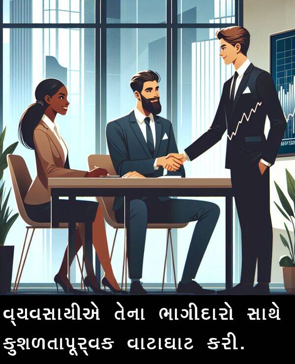 કુશળતાપૂર્વક: વ્યવસાયીએ તેના ભાગીદારો સાથે કુશળતાપૂર્વક વાટાઘાટ કરી.