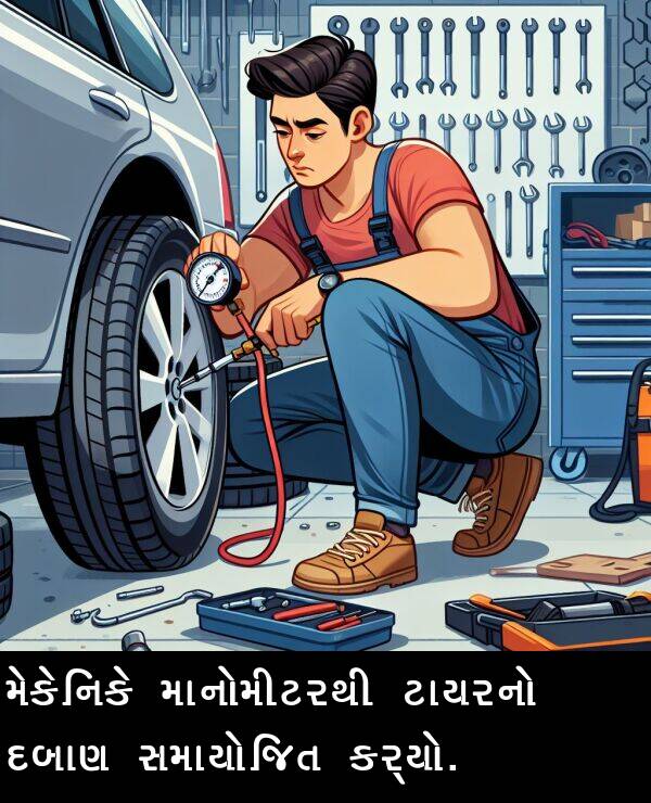 ટાયરનો: મેકેનિકે માનોમીટરથી ટાયરનો દબાણ સમાયોજિત કર્યો.