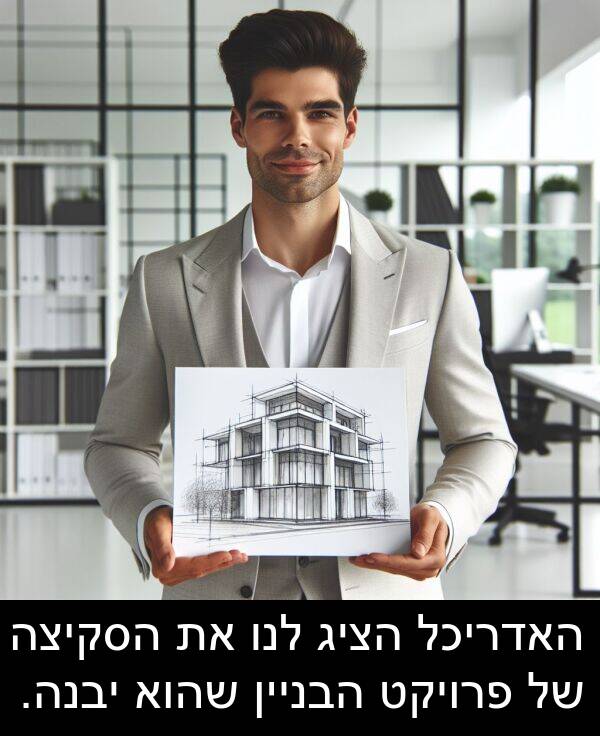 פרויקט: האדריכל הציג לנו את הסקיצה של פרויקט הבניין שהוא יבנה.